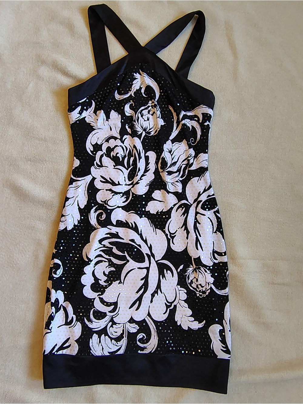 Vtg Y2K Cache Silk Floral Mini Dress Women 2 Black Halter Goth Vamp Glam Party